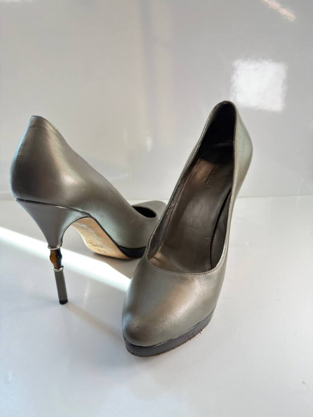 Gucci Metallic Gunmetal Gray Leather High Heel Pumps - Picture 2 of 16